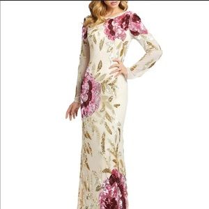 Mac Duggal Floral Sequin Long-Sleeve Column Gown
